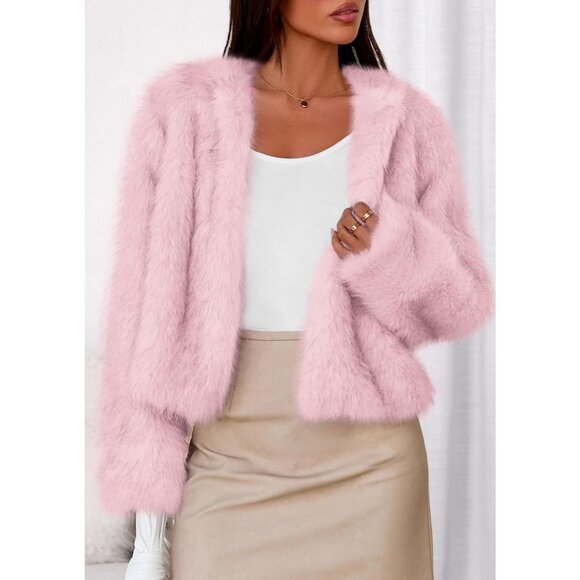 Women's Pink Winter Coats Fluffy Cropped Faux Fur Jacket Long Sleeve Open Front - Picture 3 of 8